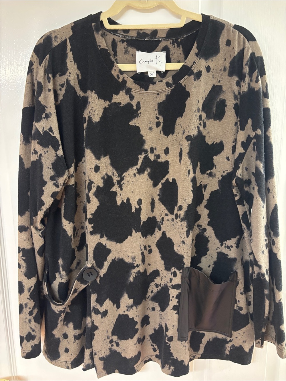 Tan & Black Patterned Long-Sleeve Pullover - High Tunic